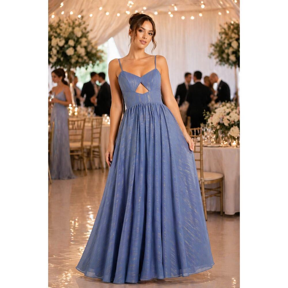New with Tags Mac Duggal 49738 Blue Pleated Cutout Maxi Dress Size 6 Party